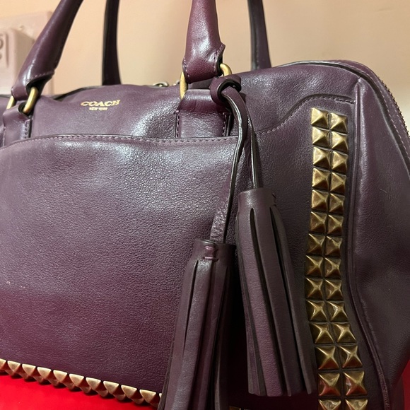 Coach bag Leather Deep Purple Gold Stud Purse Tassle Medium Large Size Handbag - Picture 11 of 14